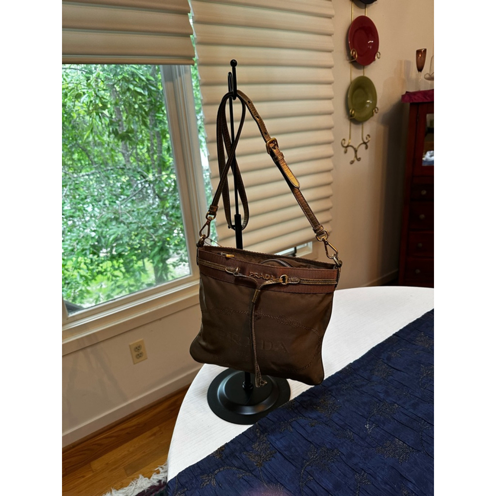 Prada Brown Nylon Crossbody Bag with Metallic Trim